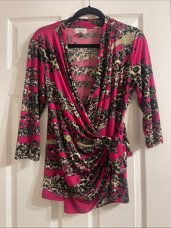 Carmen Marc Valvo Tops - Carmen Marc Valvo Pink Chain & Leopard Wrap Blouse